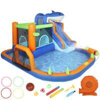 Qaba - Château gonflable 8 en 1 pour enfants, thème requins avec toboggan, piscine (bassin à balles), bleu-Se gonfle en seulement 1 minute grâce à un puissant souffleur de 450W  