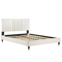 Modway - Sofia Lit plateforme complet en velours haute performance avec capitonnage vertical et pieds en bois et Manchons en métal doré - Blanc-Lit de plateforme complet