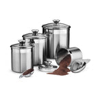 Tramontina - Boîtes et cuillères en acier inoxydable  avec couvercles en verre - Ensemble de 8 pièces-Extérieur avec finition satinée, boutons assortis et bordures décoratives polies miroir