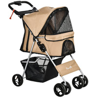 PawHut - Poussette pour chien pliage en un clic, poussette pour animal de compagnie avec porte-gobelet, 4 roues, transport de voyage avec freins, café-Fonction de pliage à une touche pour un rangement plus facile 