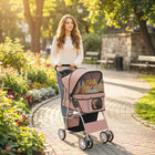 PawHut Foldable Pet Stroller with Removable Washable Pad and Storage Basket - Coffee-Three mesh windows offer great views and keep your pet cool 