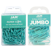 JAM Paper Combo Pack Colourful Paper Clips - Standard & Jumbo - Teal - 100 Pack & 75 Pack -Colour: Teal
