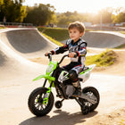 Qaba Kids 12V Dirt Bike with Twist Grip Throttle, Training Wheels and Music - Green-Dual 12V motors provides a powerful drive 