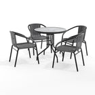 Table ronde en verre et en métal 28 po avec bordure en rotin gris et 4 chaises empilables en rotin gris (TLH-087RD-037GY4-GG)-Ensemble de table et chaises
