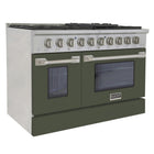 Kucht 48" KNG Series Pro Style Natural Gas Range - Stainless Steel/Olive Green-Matching the power of professional kitchens, this top-of-the-line model boasts two separate ovens: a 30-inch convection oven delivering 22,000 BTU with a 10,000 BTU tube burner, and an 18-inch oven providing 15,000 BTU
