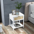 HOMCOM - Table de chevet avec tiroir, étagère ouverte et élément en rotin - blanc-Comprend un tiroir supérieur et un espace ouvert en bas pour le rangement