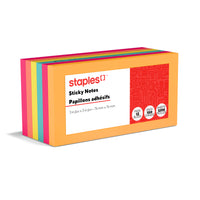 Staples Stickies Standard Notes - 3" x 3" Assorted - 100 Sheets/Pad - 12 Pads Pack-Repositionable adhesive won't mark paper and other surfaces