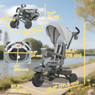 Qaba - Tricycle pliable 6 en 1 pour tout-petit, avec poignée de poussée réglable, auvent amovible, gris-Coussin de siège doux et dossier réglable assurent confort et sécurité  