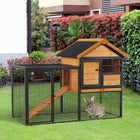 PawHut 36" H Wood and Metal Large Rabbit Hutch with Slide-Out Tray - Black/Natural-Anti-UV and weather resistant asphalt roof protects your pets from harsh weather elements 