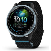 Garmin Approach J1 Smartwatch - Cloud Blue Aluminum Bezel with Black/Azure ComfortFit Fabric Band-Built for golf: The slim, lightweight design with a ComfortFit fabric band fits securely and won’t interfere while swinging