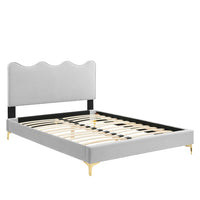 Modway Current Performance Velvet Full Platform Bed with Gold Metal Legs - Light Grey-Full Platform Bed