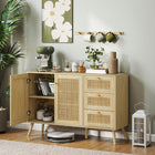 HOMCOM - Buffet en rotin 47,2 po L avec portes à fermeture douce - bois naturel-Un large plateau offre un espace pour les clés, des bougies ou un vase de fleurs fraîches 