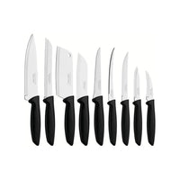 Tramontina - Ensemble de 9 couteaux Plenus en acier inoxydable avec manches noirs en polypropylène-Ensemble comprend : 1x couteau à légumes de 3", 1x couteau à éplucher de 3", 1x couteau à steak de 5", 1x couteau à désosser de 5", 1x couteau à tomates de 5", 1x couteau Santoku de 5", 1x couperet de 5", 1x couteau de chef de 7", 1x couteau à pain de 7"