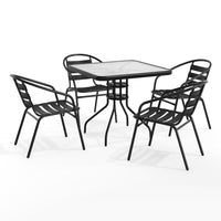 Table carrée de 31,5 po en verre/métal et 4 chaises empilables noires en aluminium avec dossier à lattes (TLH-0732SQ-017CBK4-GG)-Ensemble de table et chaises