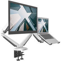 ShoppingAll - Support pour écran et ordinateur portable 2 en 1 avec 2 bras pivotants - Blanc-Peut accueillir un écran 15"-32" et un ordinateur portable 12"-17" OU peut être utilisé pour deux écrans 15"-32". Chaque bras peut supporter jusqu'à 17,6lb/8kg d'ordinateur portable ou d'écran avec des trous de montage VESA de 75mm x75mm ou 100mm x 100mm.