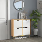 HOMCOM Shoe Cabinet with 4 Flip Drawers & Adjustable Shelves - Natural Wood-Four flip drawers are easy to open and close