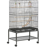 PawHut 52" H Bird Cage with Rolling Stand, Toys, Removable Tray and Storage Shelf - Black-Spacious living area and 0.4" (1 cm) bar spacing, for finches, lovebirds, canaries, budgies, parakeets and more 