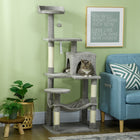 PawHut - Arbre à chat 56 po, tour avec condo, hamac - poteaux à griffer en sisal-Couleur : Gris, Blanc crème 