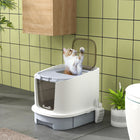 PawHut Enclosed Top Entry Cat Litter Box with Lid and Scoop - Grey-Removable top and pull-out drawer for easy cleaning 