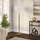 Hudson&Canal Simone 2-Light Floor Lamp with Fabric Shade - Rustic Oak/Brass/White-Handcrafted rustic oak and brass finish is applied to the round metal base
