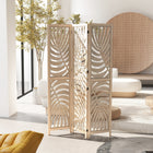 HOMCOM 3 Panel Palm Leaf Design Freestanding Room Divider for Home Office Bedroom - Natural Wood Finish-Tropic palm leaf patterns enhance elegance 
