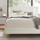 Modway - Zahra Lit plateforme Queen en velours haute performance avec capitonnage vertical et pieds en métal doré - Blanc-Système de soutien en lattes de bois