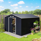 Outsunny Metal Garden Tool Storage Shed with Double Doors and Foundation Kit - 9' x 11' - Dark Grey-Built from galvanised steel construction with painted finish for weather protect 