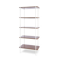 Can-Bramar - Bibliothèque Modernatta à 5 tablettes, sur pied, cadre blanc mat avec plateau de table en mélamine noyer clair-Bibliothèque avec tablettes en bois et cadre de métal de style contemporain. Elle est composée de surfaces stratifiées en placage de mélamine faciles d’entretien et d’un cadre en métal thermolaqué durable.