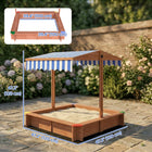 Outsunny - Bac à sable en bois pour enfants avec couvercle, auvent réglable, sièges, 47 po L x 47 po l x 47 po H - brun foncé-Ce bac à sable pour enfants est fabriqué en bois de sapin solide et certifié pour une aire de jeu stable
