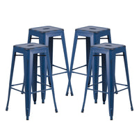 Flash Furniture Tabouret de bar pour intérieur et extérieur en métal bleu antique vieilli de 30 po haut. sans dossier-Ensemble de 4 tabourets modernes empilables de style industriel