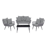Manhattan Comfort Portofino Modern Patio 4-Person Conversation 4-Piece Set with Coffee Table - Grey-Modern 4-Piece Outdoor Conversation Patio Set with 2 Armchairs, 1 Loveseat, and 1 Coffee Table