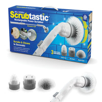 Bell+Howell Scrubtastic Power Scrubber with 3 Brush Heads - White -Use the power of motion to get a deep clean with less effort, Bell + Howell scrubtastic multi-purpose powered cleaning tool uses over 300 RPM to scrub away tough stains or dirt with ease, with the 39 in. extendable handle, reach and clean high areas like ceilings or even air conditioning vents