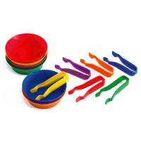 edxeducation Sorting Bowls & Tweezers - Set of 12 - 6 Colours-SET OF 6 JUMBO TWEEZERS AND 6 SORTING BOWLS -- This set includes 6 plastic toddler tweezers (4.5"L) and 6 plastic bowls (5.25" dia.) in 6 colours: blue, green, red, yellow, orange and purple.