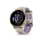 Garmin - Forerunner 970, boîtier en titane doré souple avec bracelet gris français/indigo translucide-CONCEPTION PREMIUM - Notre écran tactile AMOLED le plus lumineux avec commandes à boutons, une lunette en titane légère et une lentille en saphir, ainsi qu'une lampe de poche LED intégrée pour une meilleure visibilité dans l'obscurité pendant les courses tôt le matin ou tard le soir.