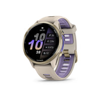 Garmin - Forerunner 970, boîtier en titane doré souple avec bracelet gris français/indigo translucide-CONCEPTION PREMIUM - Notre écran tactile AMOLED le plus lumineux avec commandes à boutons, une lunette en titane légère et une lentille en saphir, ainsi qu'une lampe de poche LED intégrée pour une meilleure visibilité dans l'obscurité pendant les courses tôt le matin ou tard le soir.