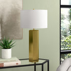 Hudson&Canal Warren 27.25" Tall Table Lamp with Fabric Shade - Brass/White-Brushed on finish in blackened bronze