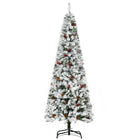 HOMCOM 6' Snow-Flocked Pencil Artificial Christmas Tree with Auto Open - Green-Lush pine tree shape with pine cones and red berries for a healthy, natural look 