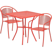 Table de jardin carrée de 28 po en acier corail et 2 chaises au dossier rond, intérieur/extérieur [CO-28SQ-03CHR2-RED-GG]-Ensemble comprenant 1 table et 2 chaises