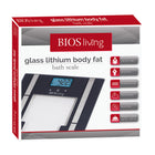 BIOS Living - Pèse-personne impédancemètre en verre - pile au lithium-Plateforme en verre trempé avec garnitures en acier inoxydable