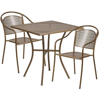 28'' Square Gold Indoor-Outdoor Steel Patio Table Set with 2 Round Back Chairs [CO-28SQ-03CHR2-GD-GG]-Set Includes Table and 2 Chairs