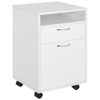 HOMCOM Vertical Filing Cabinet with Drawer Wheels - White-Ample storage space with open shelf, drawer, and large cabinet are used for files and other important paperwork    
