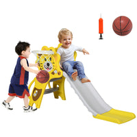 Qaba - Toboggan d'intérieur 3 en 1 pour tout-petits avec panier de basket - Jaune-Fonctionnalité polyvalente comme toboggan et panier de basket-ball 