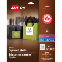 Avery White Permanent Print-to-the-Edge Square Labels, 2" x 2", 300 Pack (22806)-Won't curl or fall off