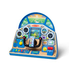 Melissa & Doug Jet Pilot Interactive Dashboard - Set of 7-Buckle up and let imagination take flight with this wooden airplane dashboard with steering yoke, scrolling map, 4-speed throttle, lights, buttons, switches, and sound effects; comes with a play headset, reusable takeoff and landing checklist, and 3 double-sided destination windscreen scenes