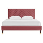 Modway Roxanne Performance Velvet Queen Platform Bed with Wood Legs and Gold Metal Sleeves - Dusty Rose-Angular Channel Tufted Headboard