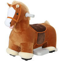 Qaba 6V Electric Ride-On Horse with Cover and Wheels - Brown-Features a classic pony design with a low seat for easy access 