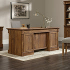 Sauder Palladia Executive Desk, Vintage Oak-Large drawer/shelf with metal runners and safety stops features flip-down panel for keyboard/mouse or laptop