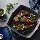 Tramontina Bestow 11" Enameled Cast Iron Grill Pan with Press - Gradated Cobalt-Durable porcelain-enameled cast iron finishes are striking, easy to clean, and long lasting