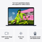 Apple MacBook Air 15" - M5 - 10-core CPU - 512 GB SSD - 16 GB Unified Memory - Midnight-12MP Center Stage Camera - Automatically stay in frame during video calls with Center Stage, or share a top-down view of your workspace with Desk View. And with a three-mic array and six-speaker sound system with Spatial Audio and Dolby Atmos, everything sounds great