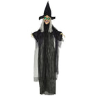 HOMCOM Witch Prop with Light Up Eyes Halloween Decoration-Black witch with white hair and hands 